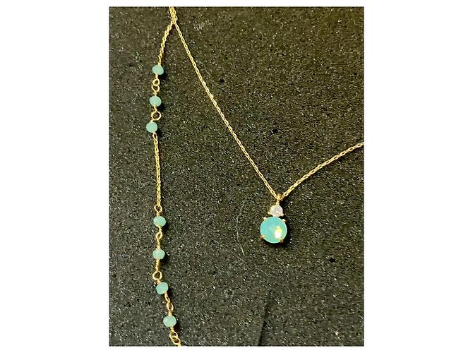 Autre Marque Collana a due fili dorata con pendente pietra blu D'oro Blu chiaro - vista 8