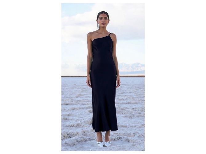 Autre Marque Maison Essentiele Vestido Largo Slip Asimétrico de Seda Negro - vista 2