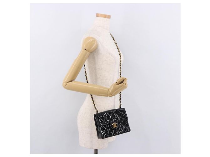 CHANEL Mini Matelasse 17 Chain Bag Pelle vernice Nero Oro CC Auth 184825V D'oro - vista 27