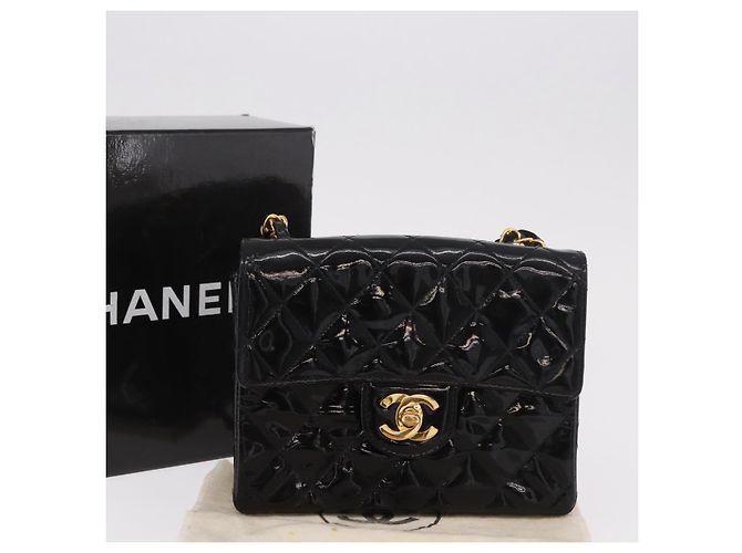 CHANEL Mini Matelasse 17 Chain Bag Pelle vernice Nero Oro CC Auth 184825V D'oro - vista 28