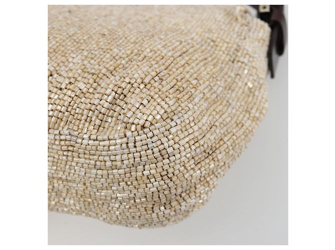 FENDI Mamma Baguette Schultertasche Perlen Elfenbein Silber Authentisch 185413V Roh - Ansicht 12