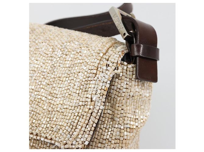 FENDI Mamma Baguette Schultertasche Perlen Elfenbein Silber Authentisch 185413V Roh - Ansicht 14