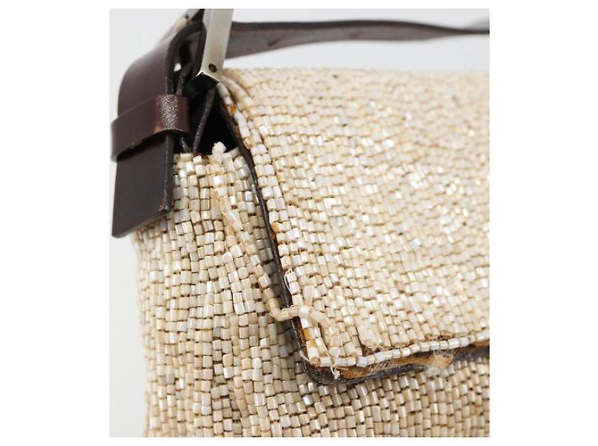 FENDI Mamma Baguette Schultertasche Perlen Elfenbein Silber Authentisch 185413V Roh - Ansicht 16