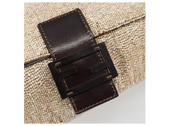 FENDI Mamma Baguette Schultertasche Perlen Elfenbein Silber Authentisch 185413V Roh - Ansicht 17