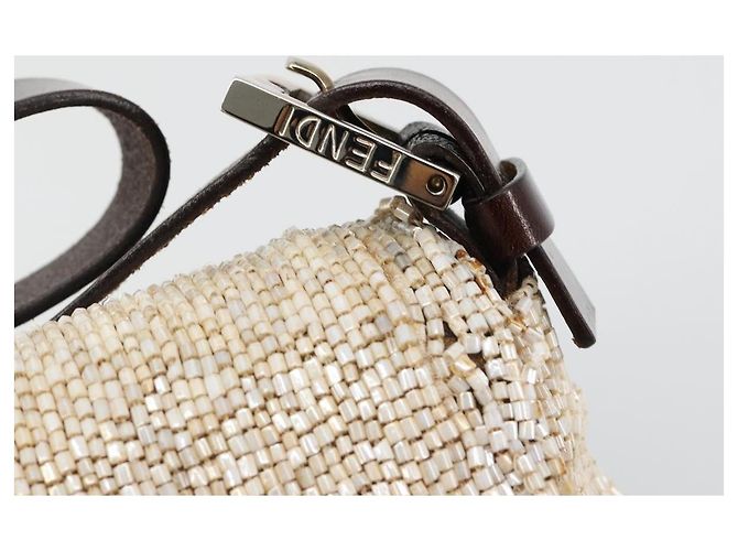FENDI Mamma Baguette Schultertasche Perlen Elfenbein Silber Authentisch 185413V Roh - Ansicht 18