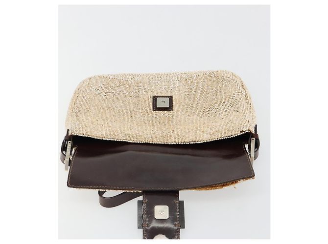 FENDI Mamma Baguette Schultertasche Perlen Elfenbein Silber Authentisch 185413V Roh - Ansicht 19