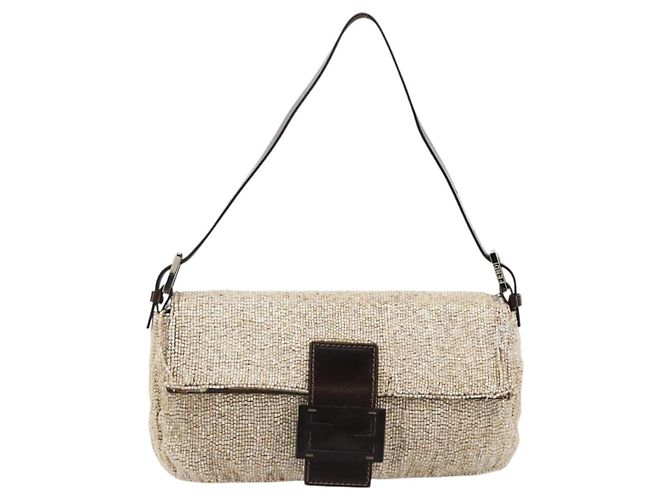 FENDI Mamma Baguette Schultertasche Perlen Elfenbein Silber Authentisch 185413V Roh - Ansicht 2