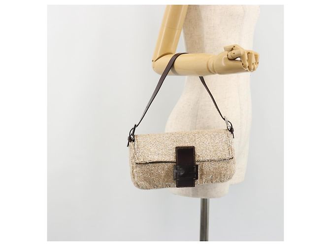 FENDI Mamma Baguette Schultertasche Perlen Elfenbein Silber Authentisch 185413V Roh - Ansicht 29