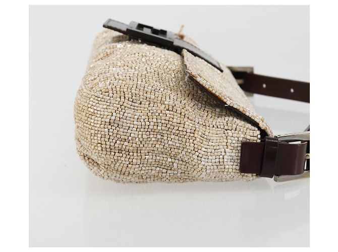 FENDI Mamma Baguette Schultertasche Perlen Elfenbein Silber Authentisch 185413V Roh - Ansicht 4