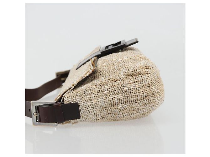 FENDI Mamma Baguette Schultertasche Perlen Elfenbein Silber Authentisch 185413V Roh - Ansicht 5