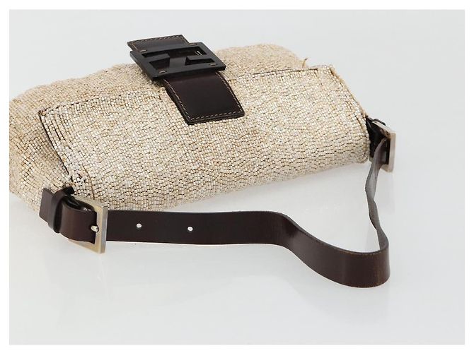 FENDI Mamma Baguette Schultertasche Perlen Elfenbein Silber Authentisch 185413V Roh - Ansicht 7