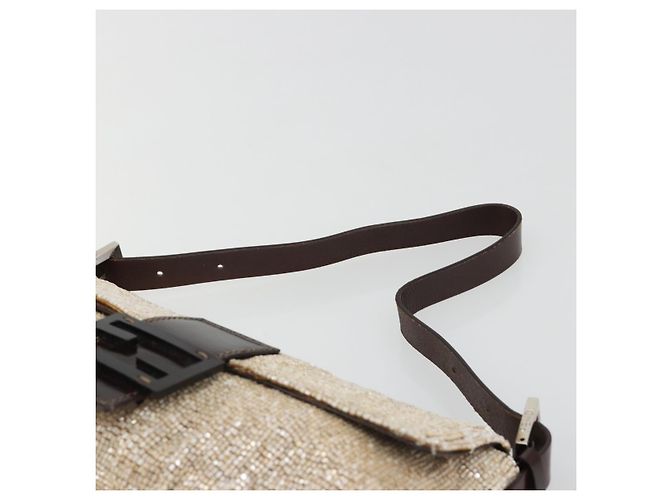 FENDI Mamma Baguette Schultertasche Perlen Elfenbein Silber Authentisch 185413V Roh - Ansicht 8