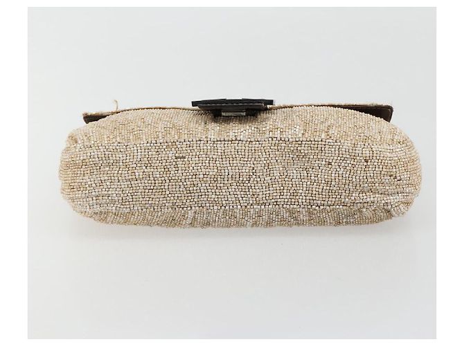 FENDI Mamma Baguette Schultertasche Perlen Elfenbein Silber Authentisch 185413V Roh - Ansicht 9