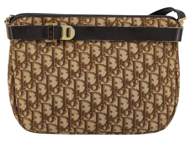 Borsa a Spalla Christian Dior Trotter Canvas Marrone Oro Auth bs35501 D'oro - vista 2