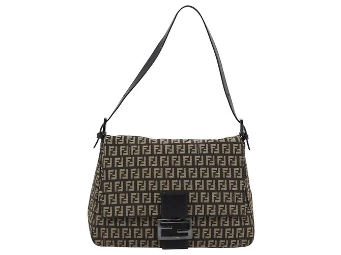 Borsa a tracolla FENDI Zucchino Canvas Mamma Baguette Beige Silver Auth 185079V Argento - vista 2