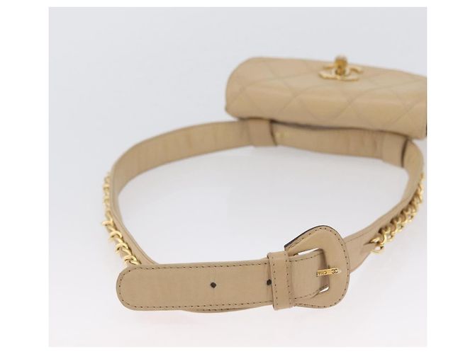 Ceinture Chanel CC Flap en agneau matelassé Beige - vue 7