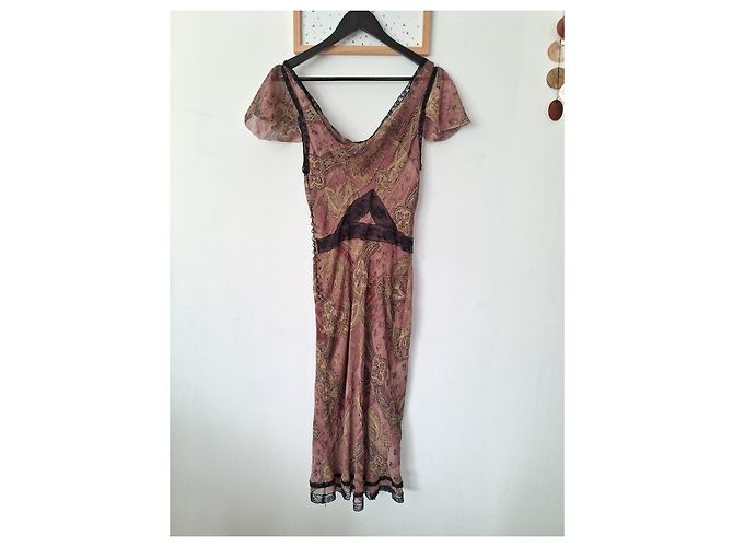 John Galliano Vestido midi de seda estampado Castaño Negro Rosa Beige - vista 2