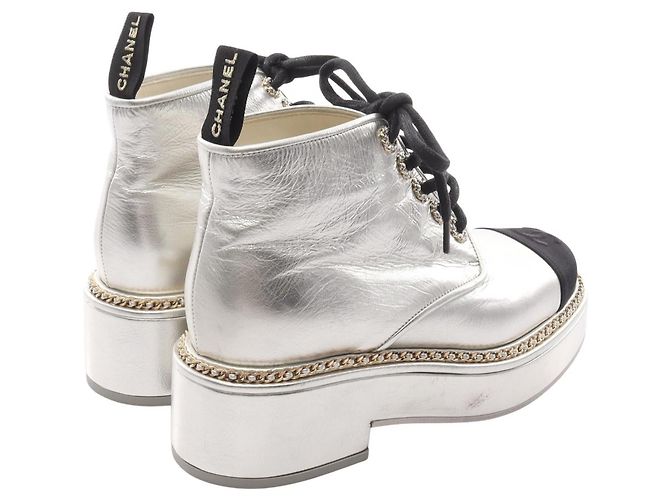 Timeless Chanel Coco Mark Leder-Stoff-Stiefel Schwarz Silber - Ansicht 2