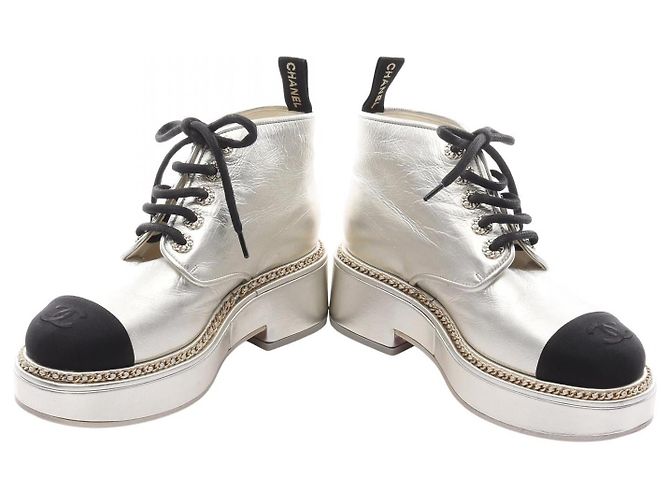 Timeless Chanel Coco Mark Leder-Stoff-Stiefel Schwarz Silber - Ansicht 3