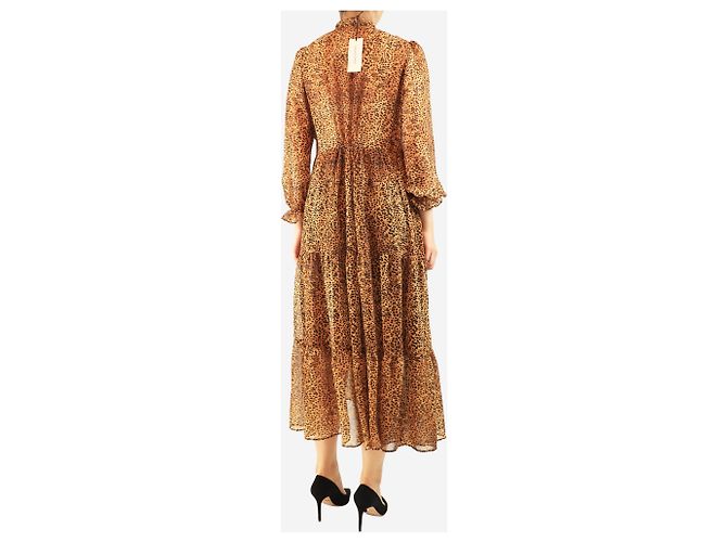 Gerard Darel Vestido midi de volantes con estampado de guepardo marrón - talla UK 14 Castaño - vista 2