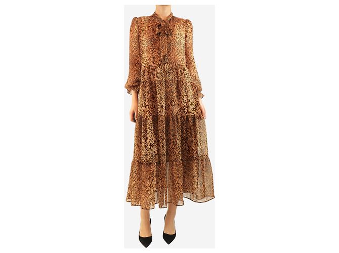Gerard Darel Vestido midi de volantes con estampado de guepardo marrón - talla UK 14 Castaño - vista 3