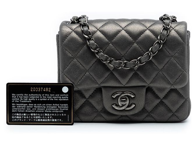 Chanel Gray Mini Square Classic Lambskin Single Flap Marrone Grigio antracite - vista 8