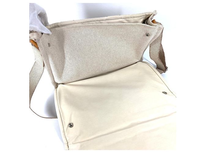 Hermès Sac à bandoulière en coton et cuir beige Hermes - vue 12