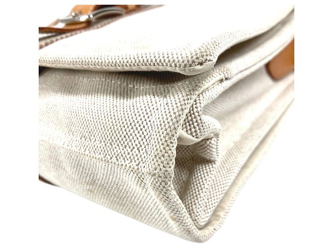 Hermès Sac à bandoulière en coton et cuir beige Hermes - vue 6
