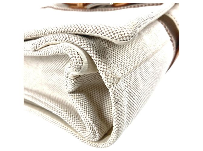 Hermès Sac à bandoulière en coton et cuir beige Hermes - vue 7