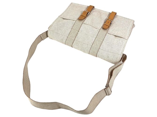 Hermès Sac à bandoulière en coton et cuir beige Hermes - vue 8