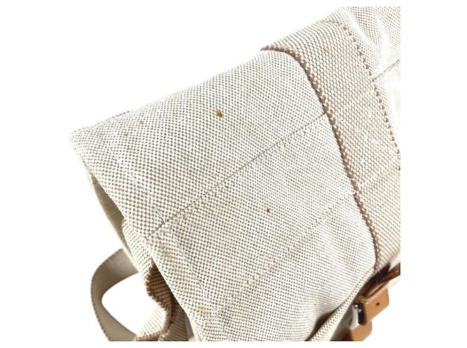 Hermès Sac à bandoulière en coton et cuir beige Hermes - vue 9