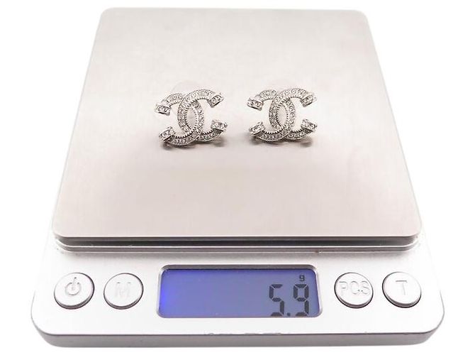 NUOVI ORECCHINI CHANEL LOGO CC & STRASS METAL NEW SILVER Argento - vista 6