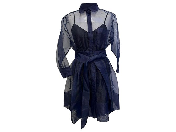 Vestido camisa mini com cinto em organza azul marinho em poliéster Maje - vista 2