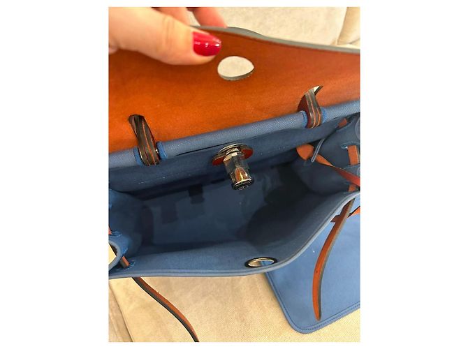 Borsa Hermès Herbag Zip 31 in Tela Blu e Pelle Rouge H Marrone - vista 10