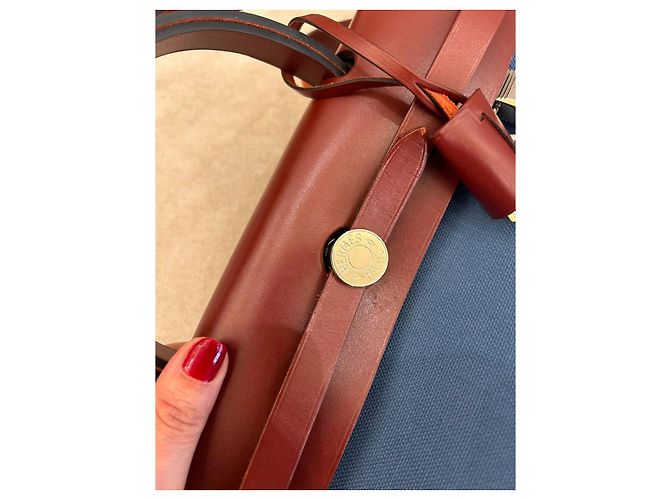Borsa Hermès Herbag Zip 31 in Tela Blu e Pelle Rouge H Marrone - vista 11