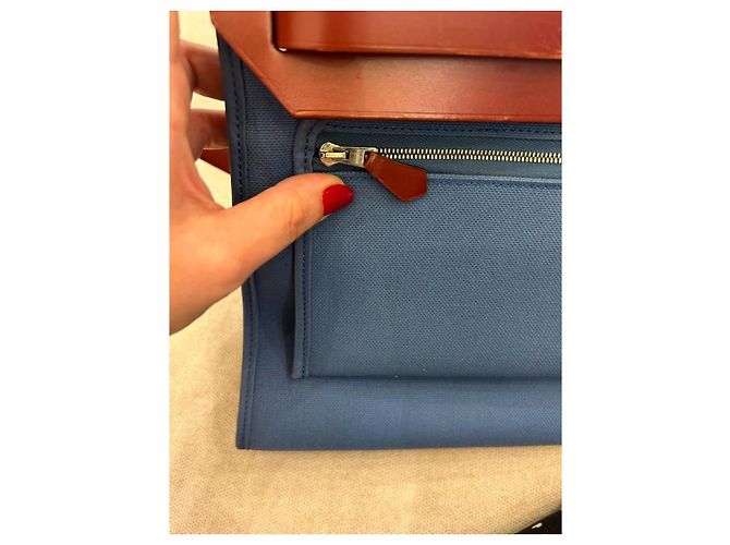 Borsa Hermès Herbag Zip 31 in Tela Blu e Pelle Rouge H Marrone - vista 12