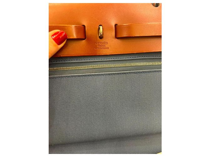 Borsa Hermès Herbag Zip 31 in Tela Blu e Pelle Rouge H Marrone - vista 14