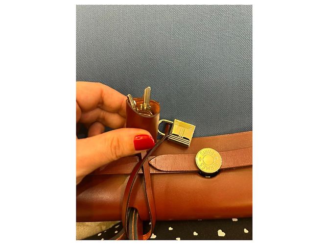 Borsa Hermès Herbag Zip 31 in Tela Blu e Pelle Rouge H Marrone - vista 16