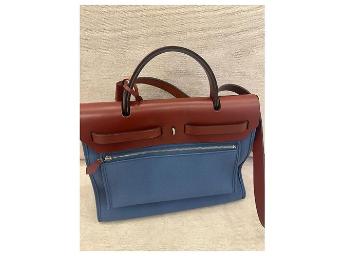 Borsa Hermès Herbag Zip 31 in Tela Blu e Pelle Rouge H Marrone - vista 2