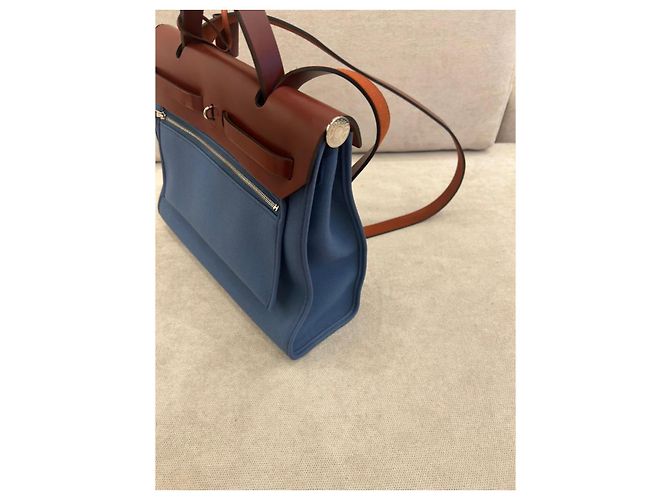 Borsa Hermès Herbag Zip 31 in Tela Blu e Pelle Rouge H Marrone - vista 3