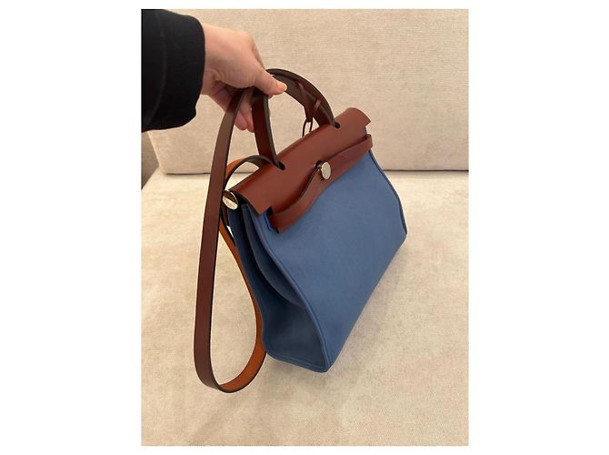 Borsa Hermès Herbag Zip 31 in Tela Blu e Pelle Rouge H Marrone - vista 4
