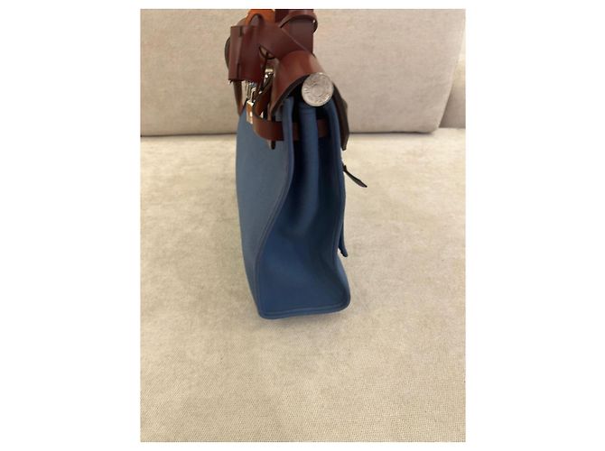 Borsa Hermès Herbag Zip 31 in Tela Blu e Pelle Rouge H Marrone - vista 5