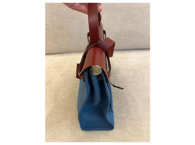 Borsa Hermès Herbag Zip 31 in Tela Blu e Pelle Rouge H Marrone - vista 6