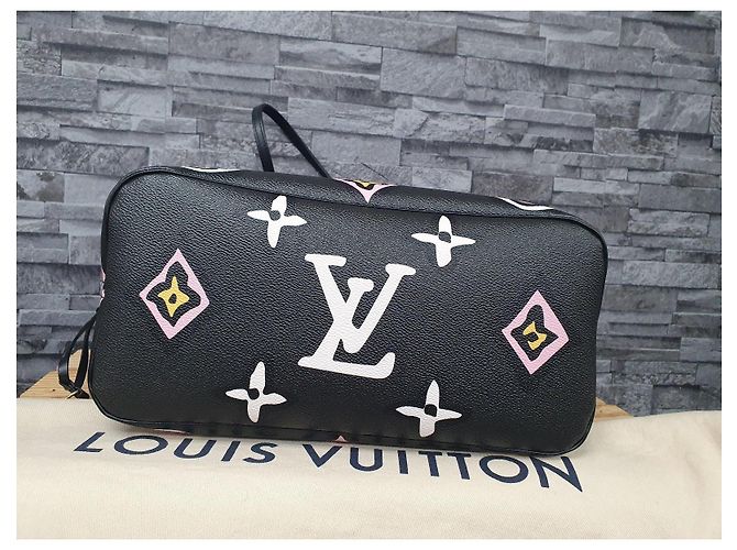 Louis Vuitton Neverfull MM Shopper in pelle Nero Rosa Stampa leopardo - vista 2