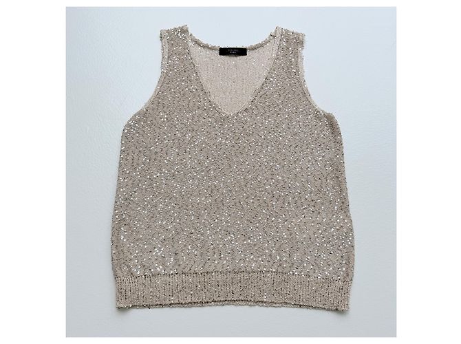 Weekend Max Mara Pailletten-Strickoberteil Champagner Größe M Neu Quiet Luxury Silber Beige - Ansicht 3