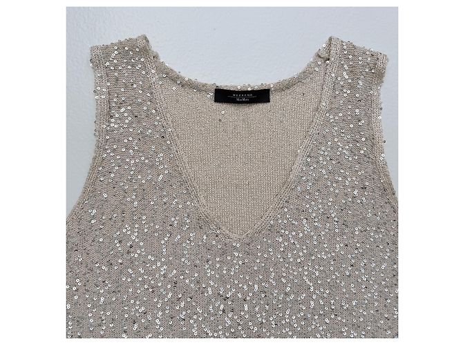 Weekend Max Mara Pailletten-Strickoberteil Champagner Größe M Neu Quiet Luxury Silber Beige - Ansicht 6