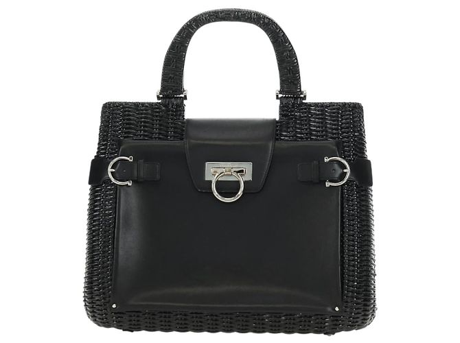 Borsa a mano Salvatore Ferragamo Gancini in rattan nero e argento Auth 184711V - vista 2
