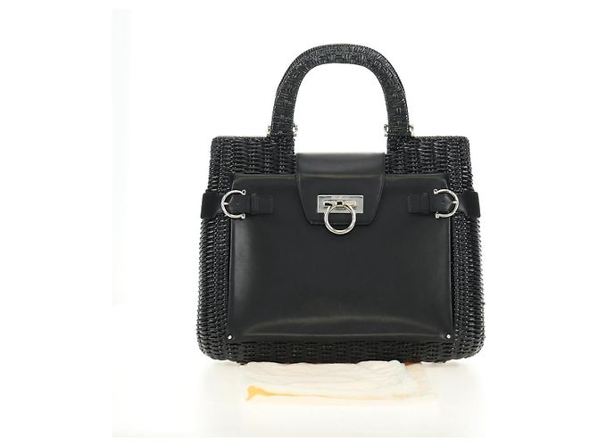 Borsa a mano Salvatore Ferragamo Gancini in rattan nero e argento Auth 184711V - vista 28