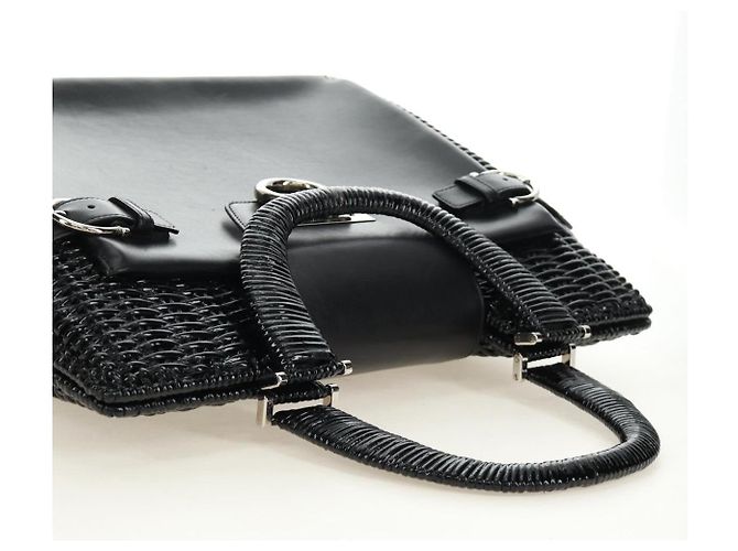 Borsa a mano Salvatore Ferragamo Gancini in rattan nero e argento Auth 184711V - vista 6