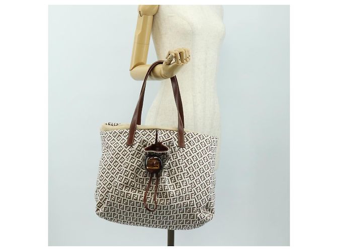 Borsa Tote FENDI Zucchino Canvas Bianco Oro Auth 184707V D'oro - vista 27